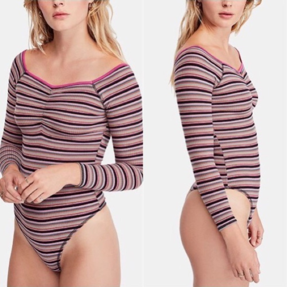 FREE PEOPLE Women’s Stripe Bodysuit Black Combo
